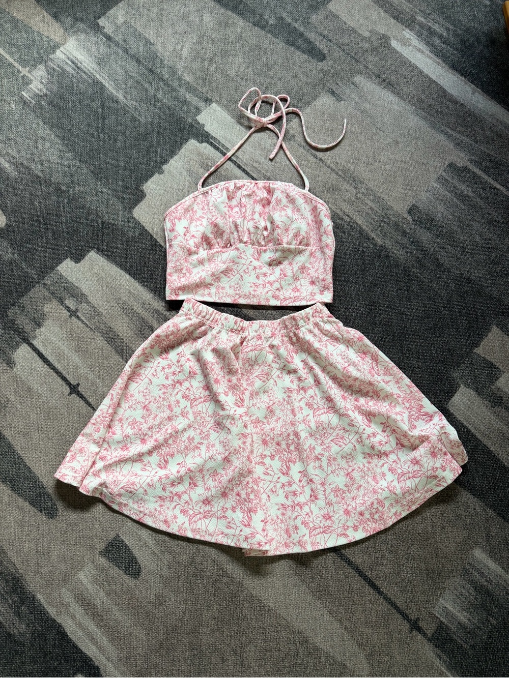 SHEIN Pink Floral Halter Crop Top & Skirt Set M